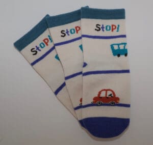 Children's white socks with cars and buses