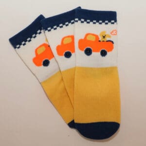 Three children's socks with orange car design