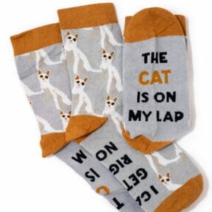 Gray cat socks with orange trim and slogan