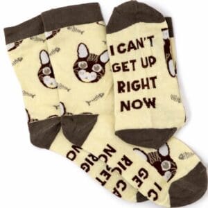 Novelty cat socks with humorous slogan