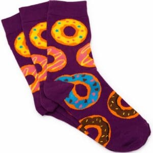 Purple socks with colorful donut pattern