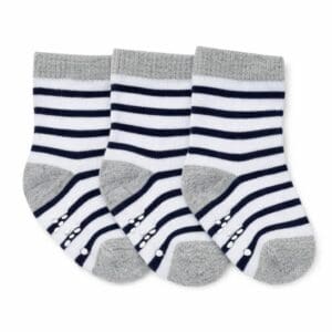 Three navy and white striped baby socks