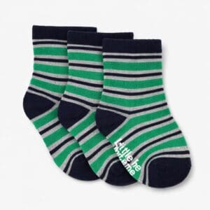Three green and navy striped baby socks